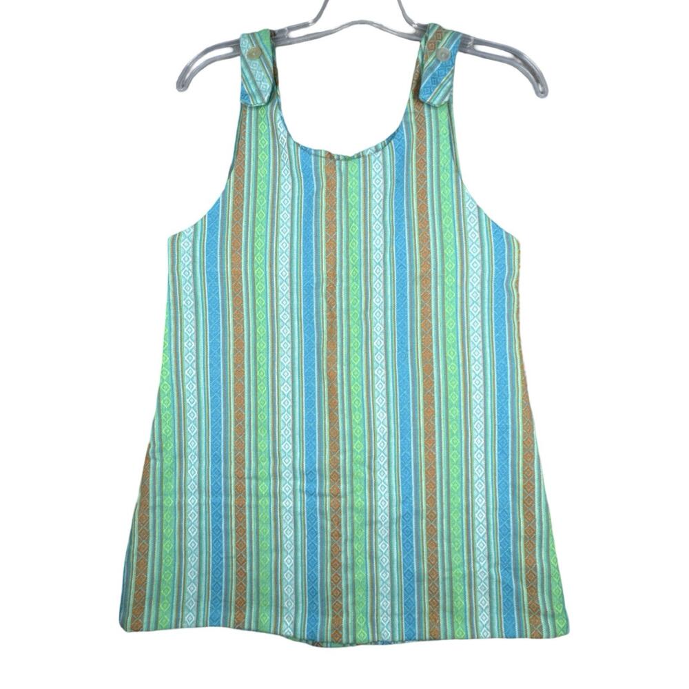 Handmade Dress Medium Green Blue Boho‎ Hippie Striped Tunic Festival Sleeveless